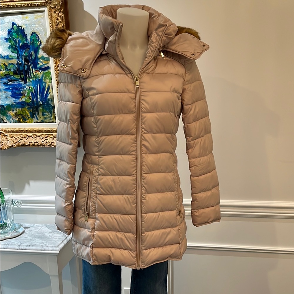 Marc New York Women's Tan Puffer Jacket with Faux Fur Hood